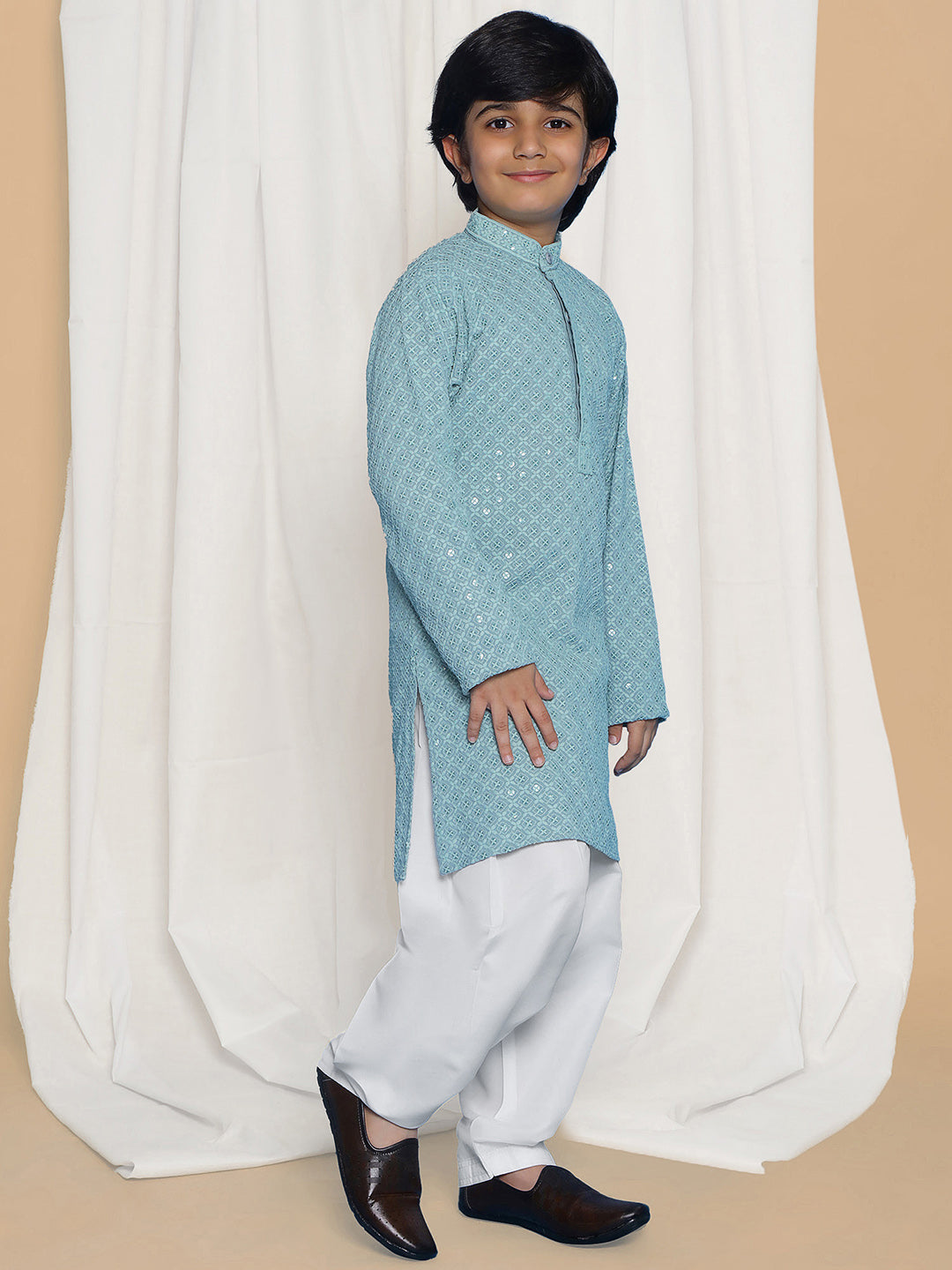 Powder Blue Sequence Embroidery Cotton Blend Kurta Pyjama With Red Dupatta Set For Boys