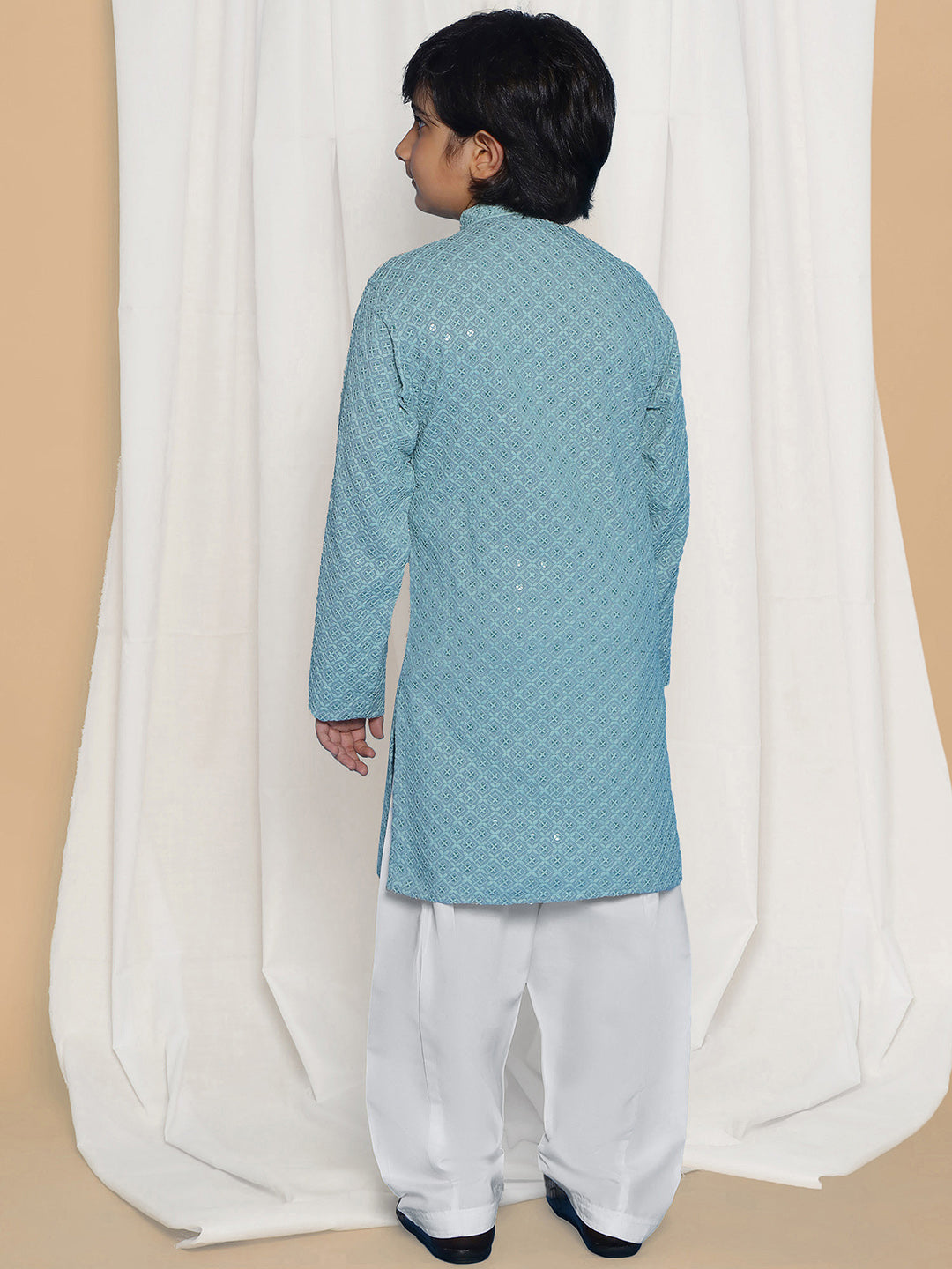 Powder Blue Sequence Embroidery Cotton Blend Kurta Pyjama With Red Dupatta Set For Boys