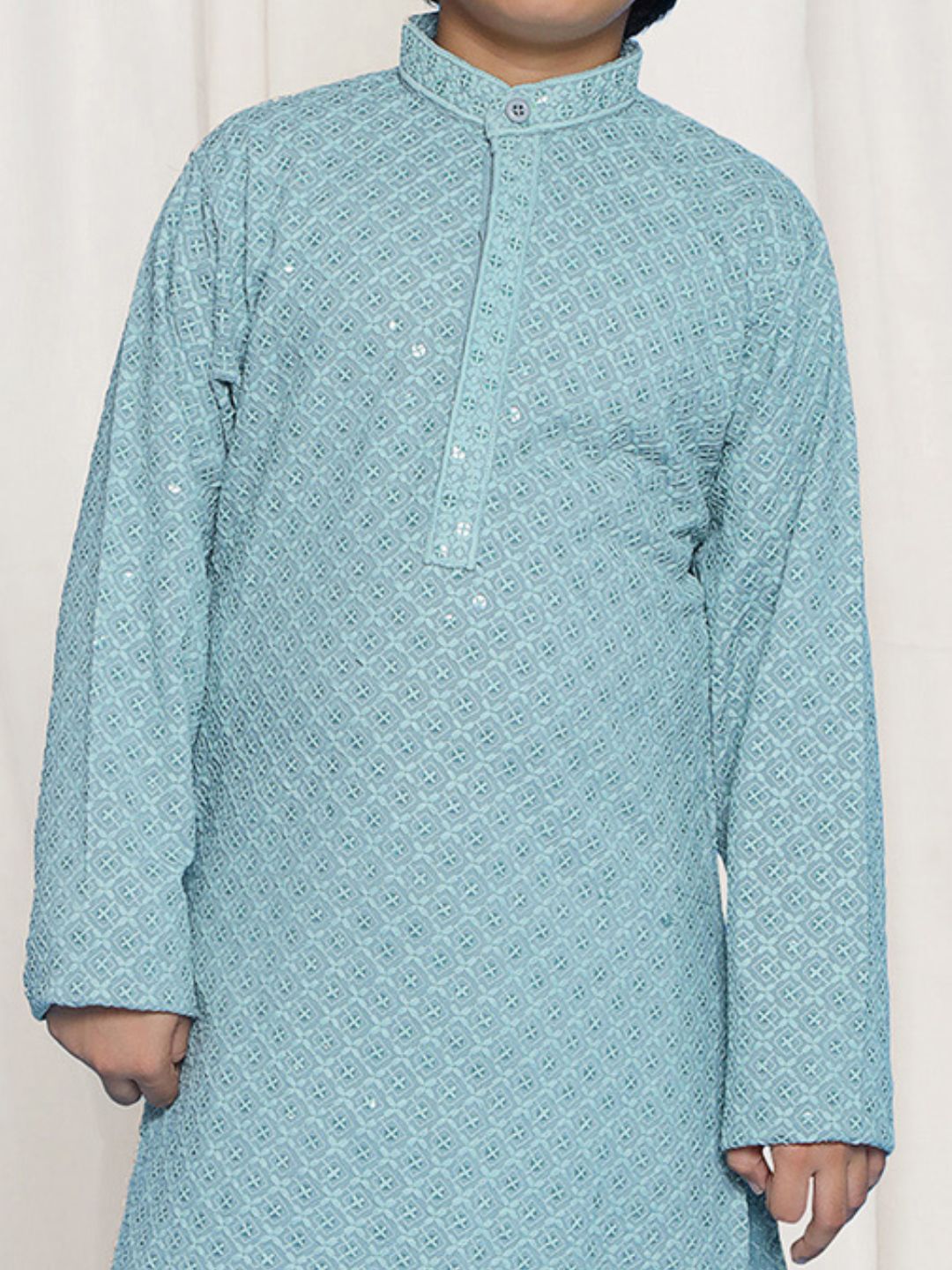 Powder Blue Sequence Embroidery Cotton Blend Kurta Pyjama With Red Dupatta Set For Boys