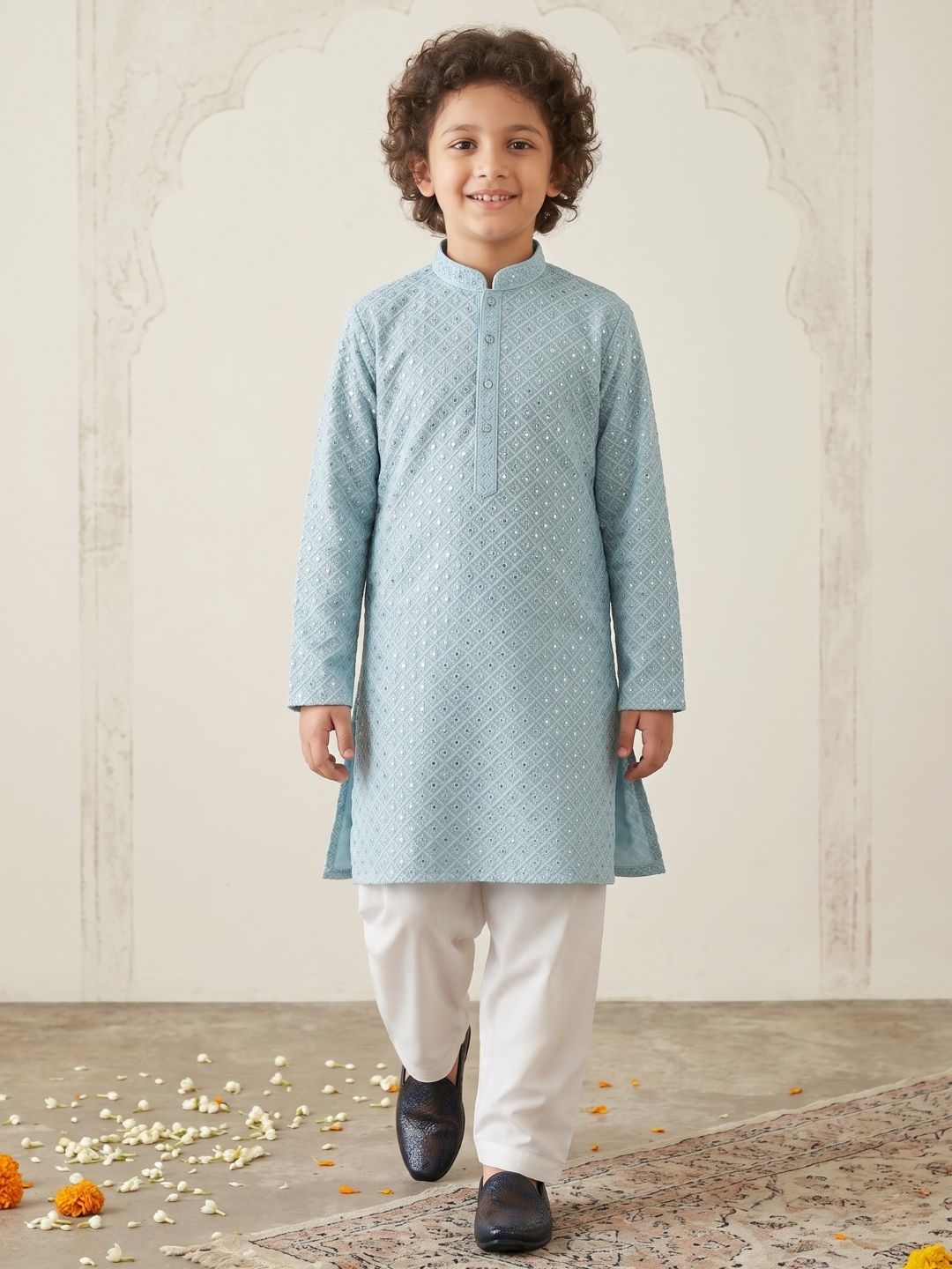 BLUE Schiffli Full sleeves Embroidered Kurta Pyjama Set for Boys - AJ Dezines
