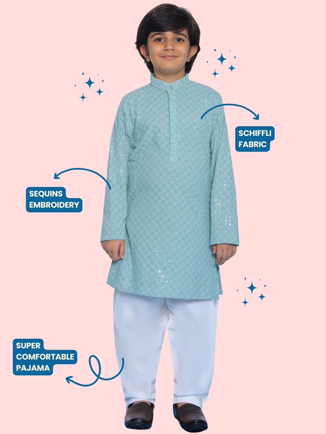BLUE Schiffli Full sleeves Embroidered Kurta Pyjama Set for Boys - AJ Dezines