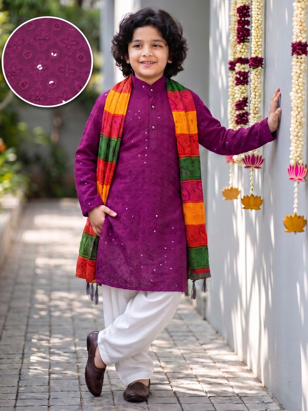Purple Sequence Embroidery Cotton Blend Kurta Pyjama With Multicolor Dupatta Set For Boys
