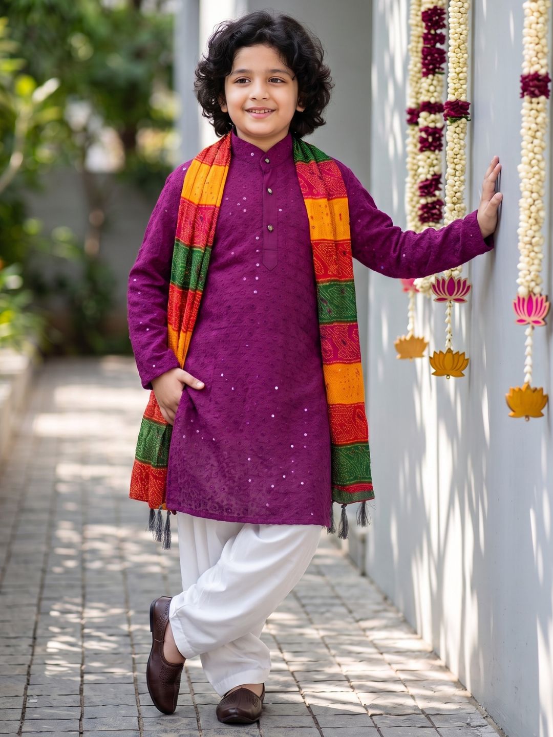 Purple Sequence Embroidery Cotton Blend Kurta Pyjama With Multicolor Dupatta Set For Boys