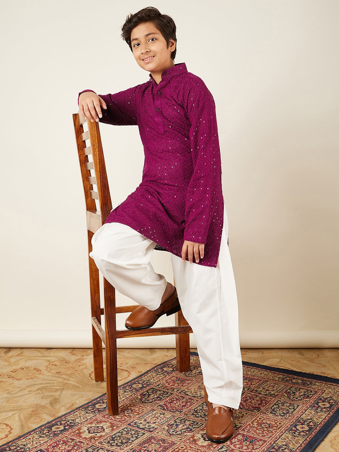 Kids Boys Purple Embroidered Schiffli Kurta Pyjama Set