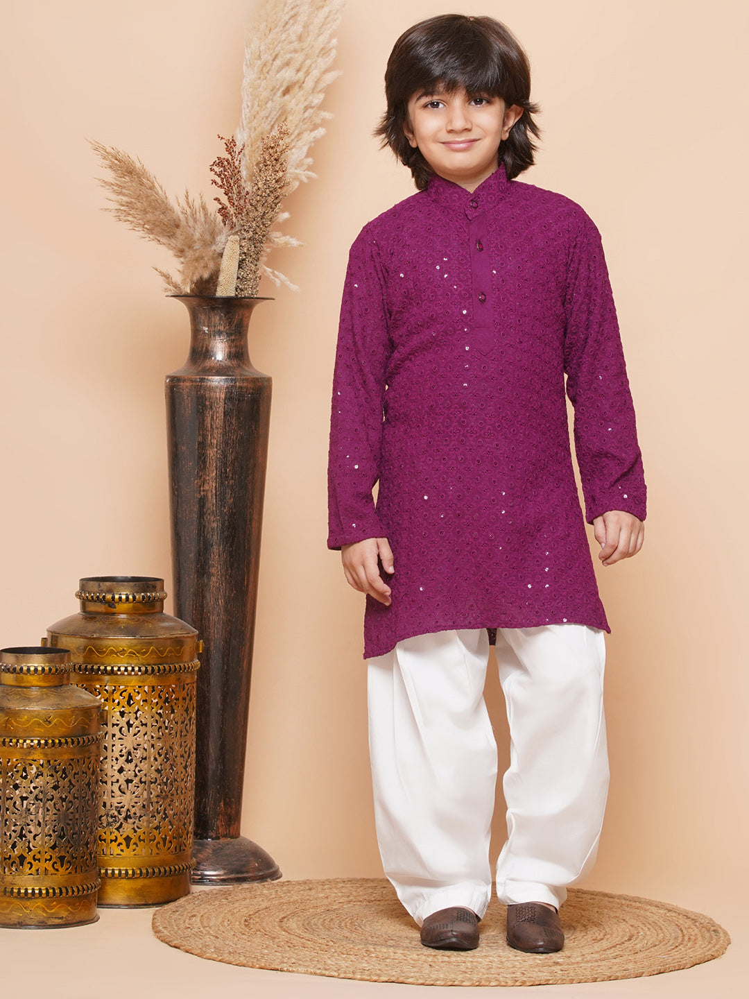 Kids Boys Purple Embroidered Schiffli Kurta Pyjama Set