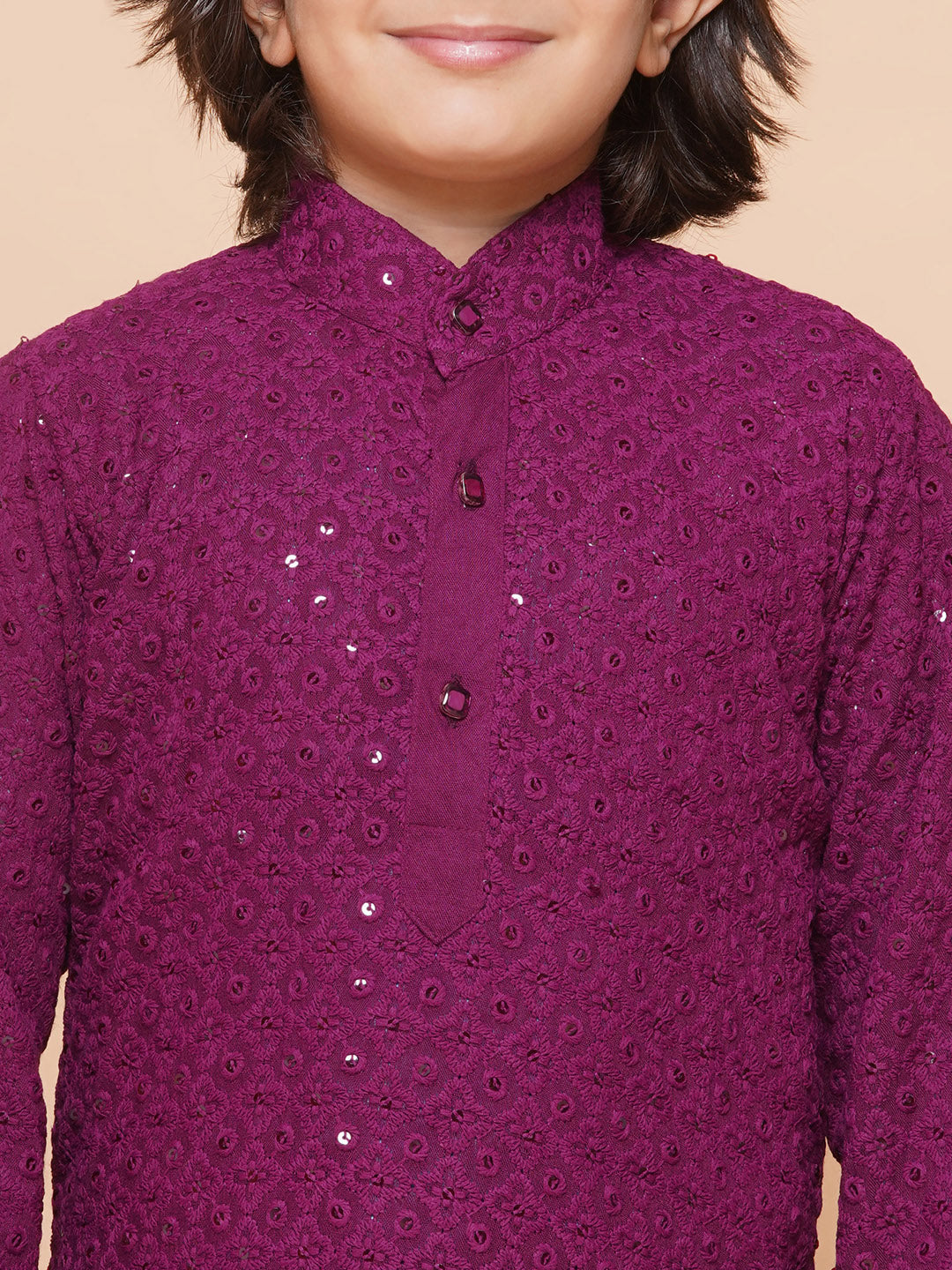 Boys Purple Schiffli Sequined Chikankari Mandarin Collar Kurta Salwar Set