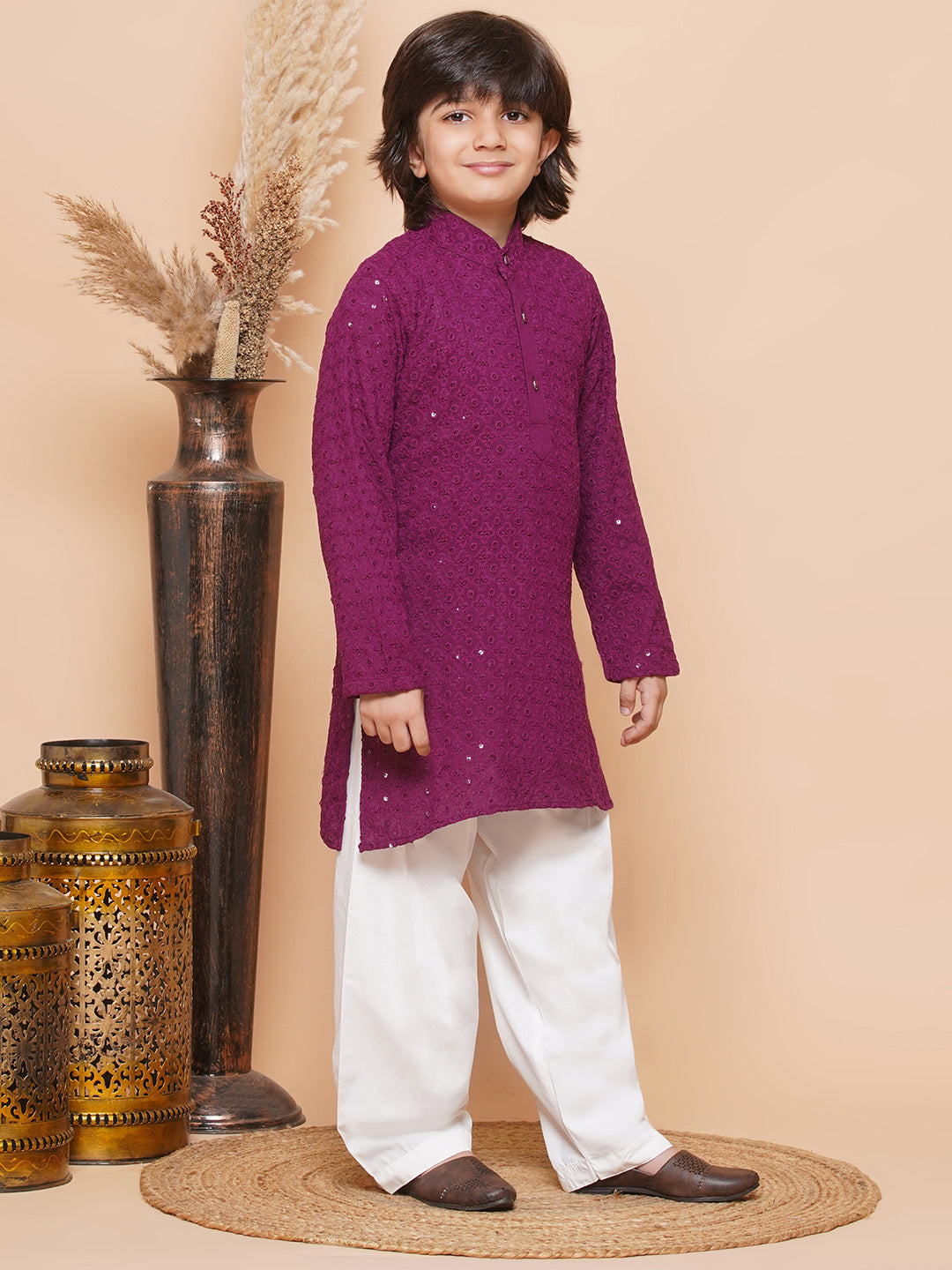 Kids Boys Purple Embroidered Schiffli Kurta Pyjama Set