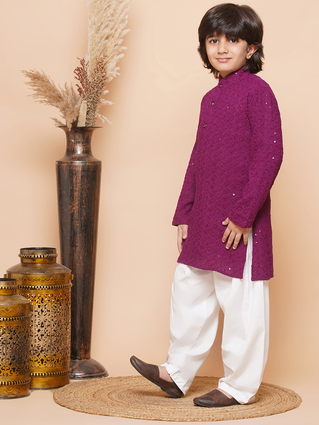 Kids Boys Purple Embroidered Schiffli Kurta Pyjama Set