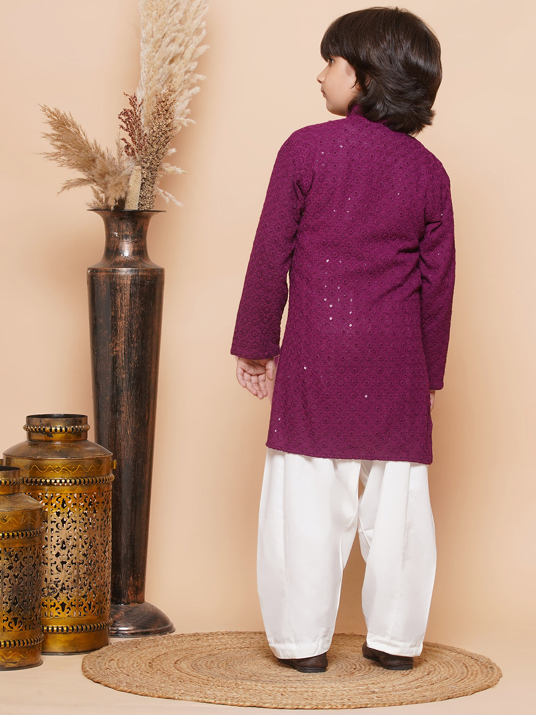 Kids Boys Purple Embroidered Schiffli Kurta Pyjama Set