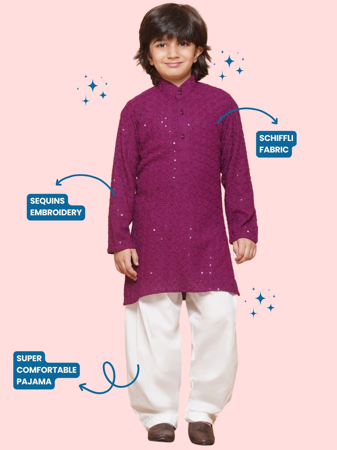 Kids Boys Purple Embroidered Schiffli Kurta Pyjama Set