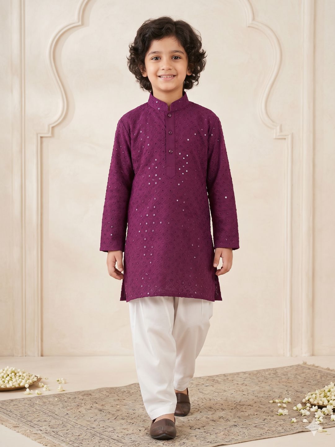 Kids Boys Purple Embroidered Schiffli Kurta Pyjama Set