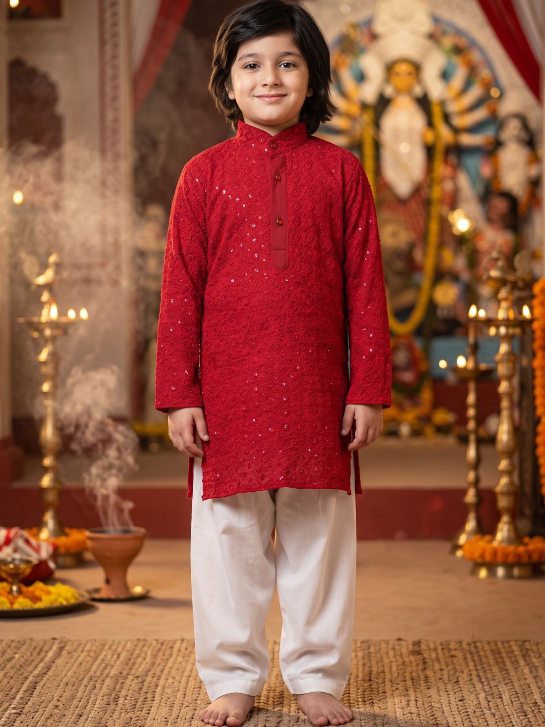 Kids Boys Red Embroidered Schiffli Kurta Pyjama Set