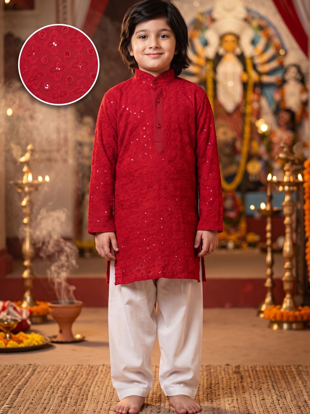 Kids Boys Red Embroidered Schiffli Kurta Pyjama Set