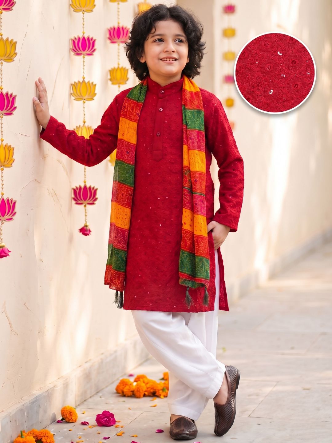 Red Sequence Embroidery Cotton Blend Kurta Pyjama With Multicolor Dupatta Set For Boys