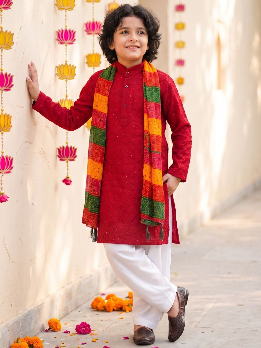 Red Sequence Embroidery Cotton Blend Kurta Pyjama With Multicolor Dupatta Set For Boys