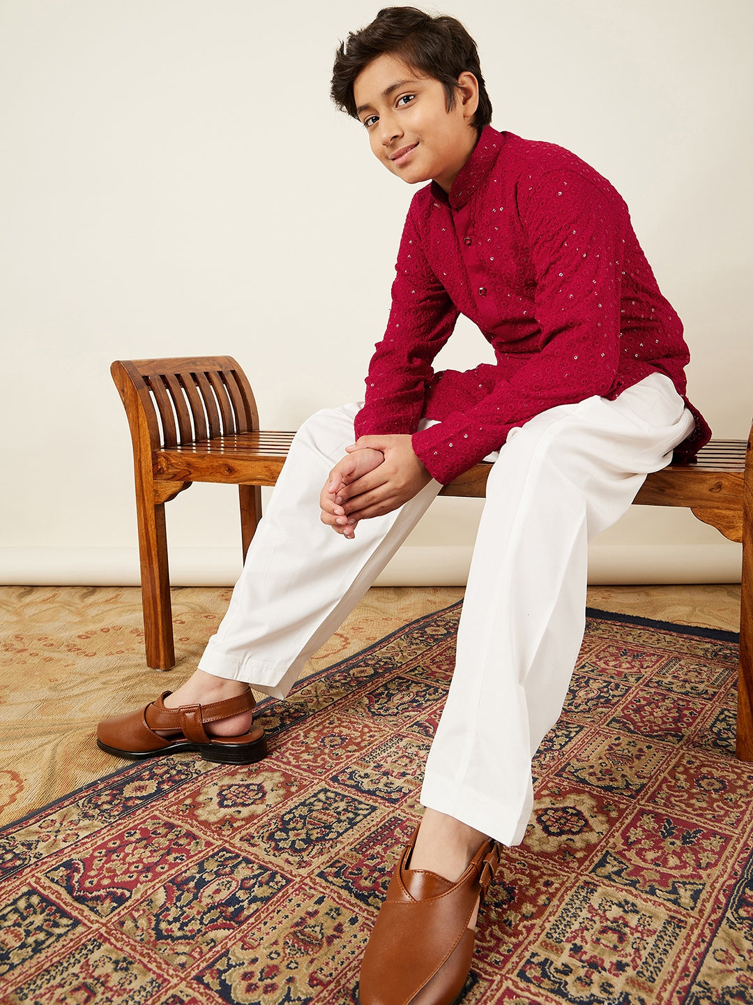 Kids Boys Red Embroidered Schiffli Kurta Pyjama Set - AJ Dezines