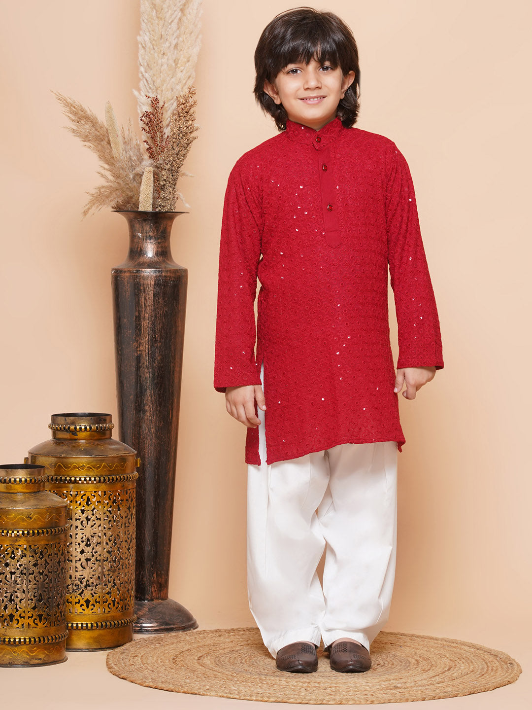 Kids Boys Red Embroidered Schiffli Kurta Pyjama Set - AJ Dezines