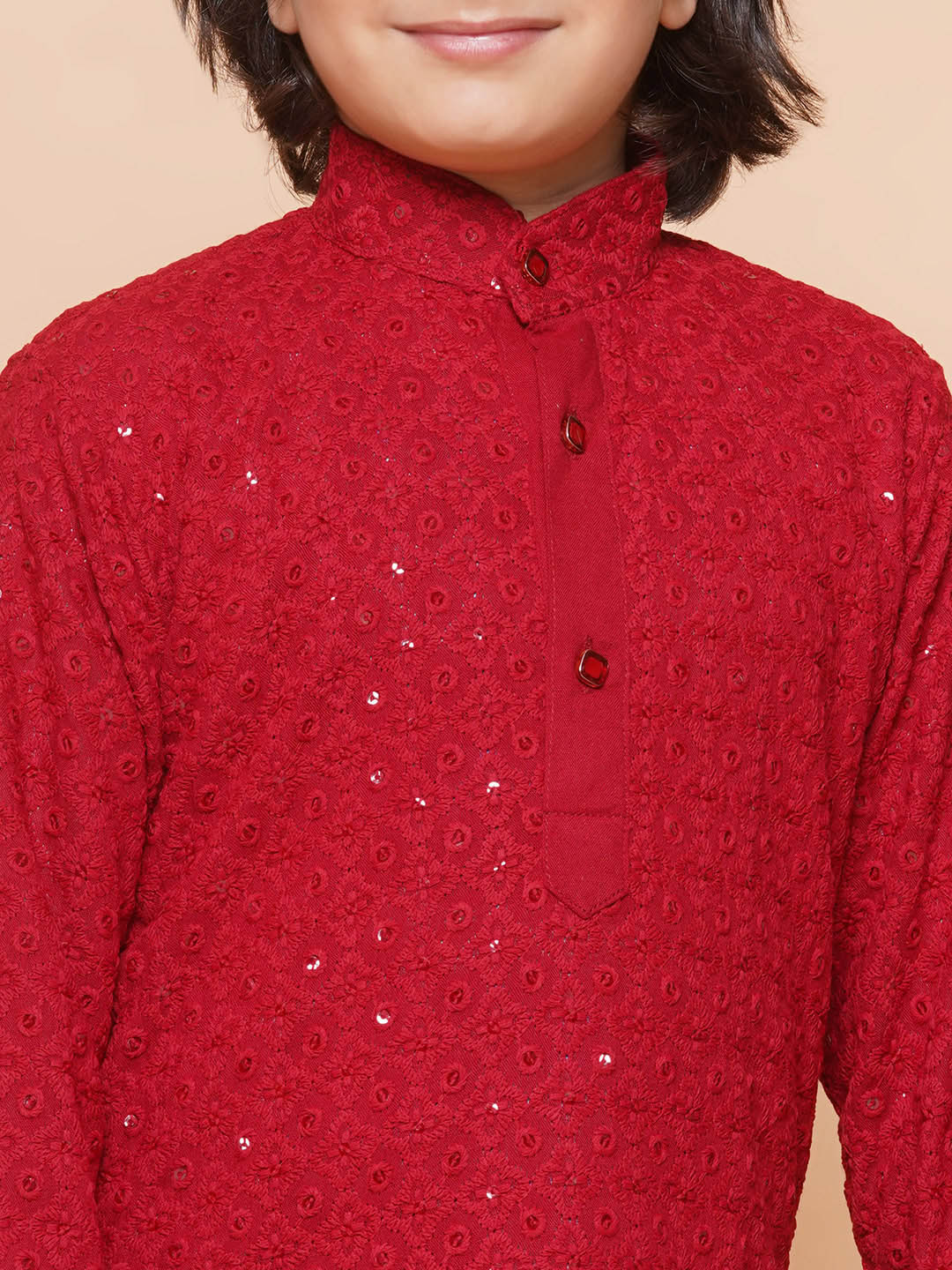Boys Red Schiffli Sequined Chikankari Mandarin Collar Kurta Salwar Set