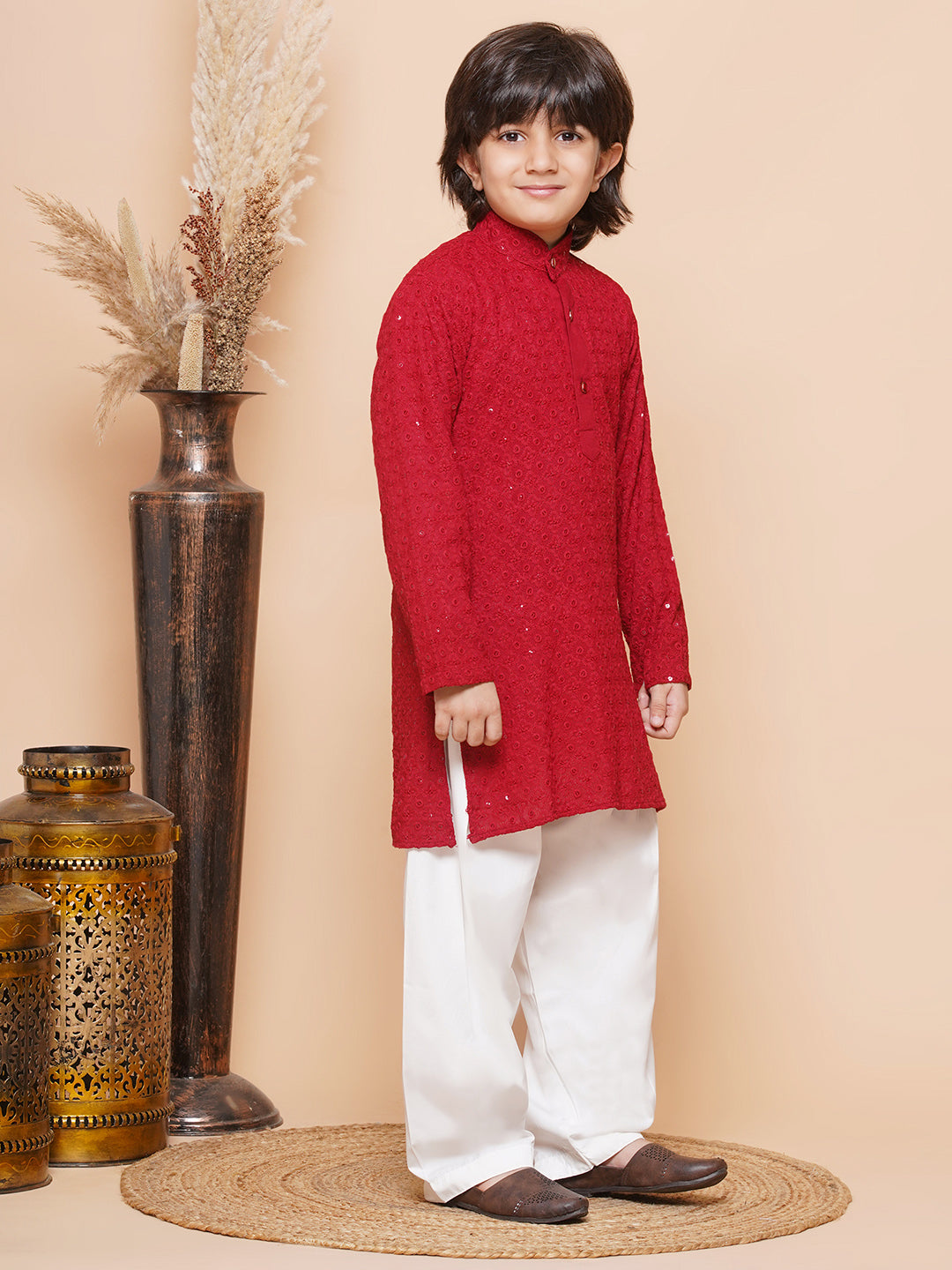 Kids Boys Red Embroidered Schiffli Kurta Pyjama Set - AJ Dezines