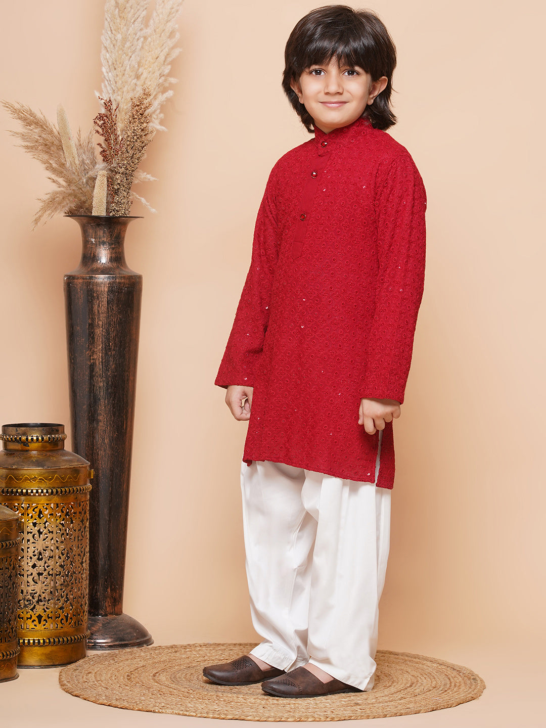 Kids Boys Red Embroidered Schiffli Kurta Pyjama Set - AJ Dezines