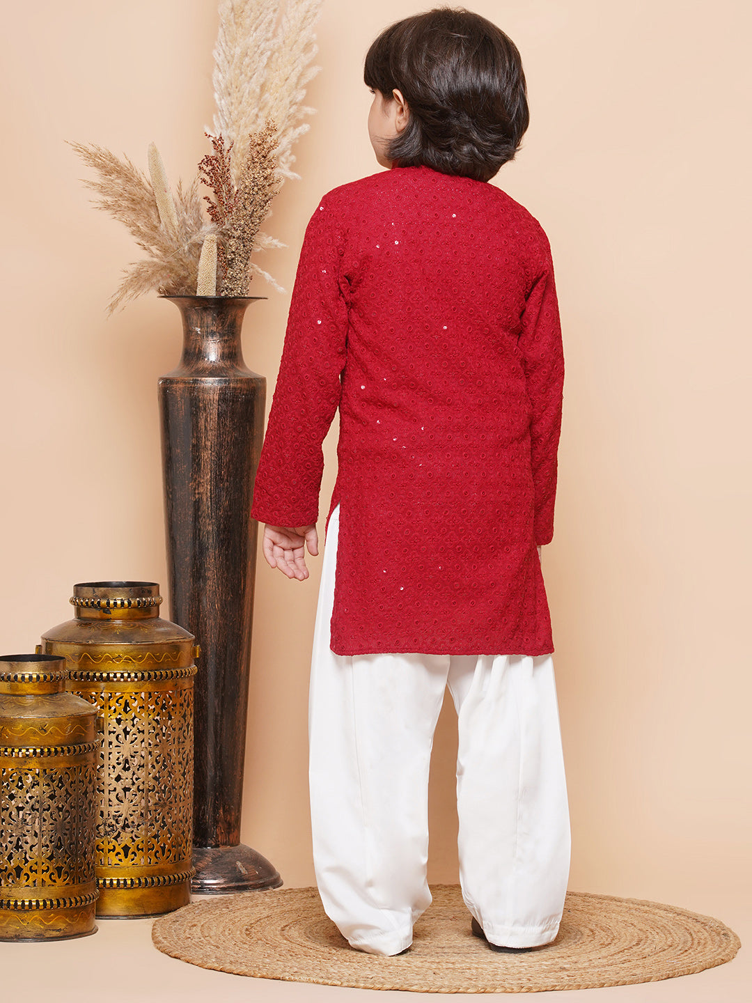 Kids Boys Red Embroidered Schiffli Kurta Pyjama Set - AJ Dezines