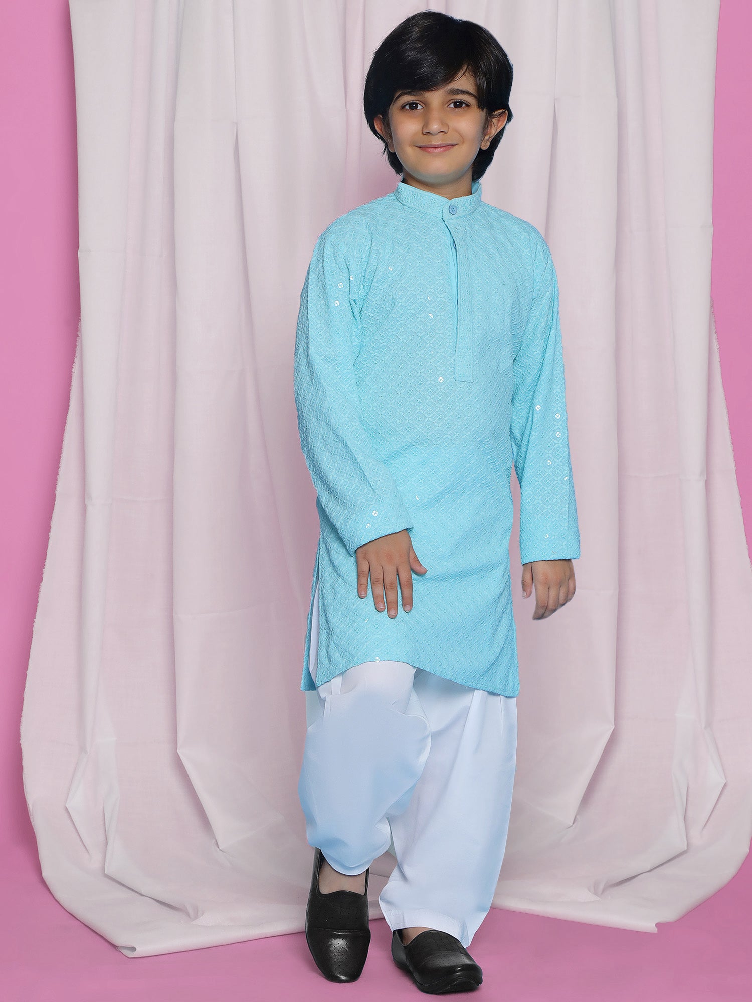Sky Blue Schiffli Full Sleeves Embroidered Kurta Pyjama Set For Boys