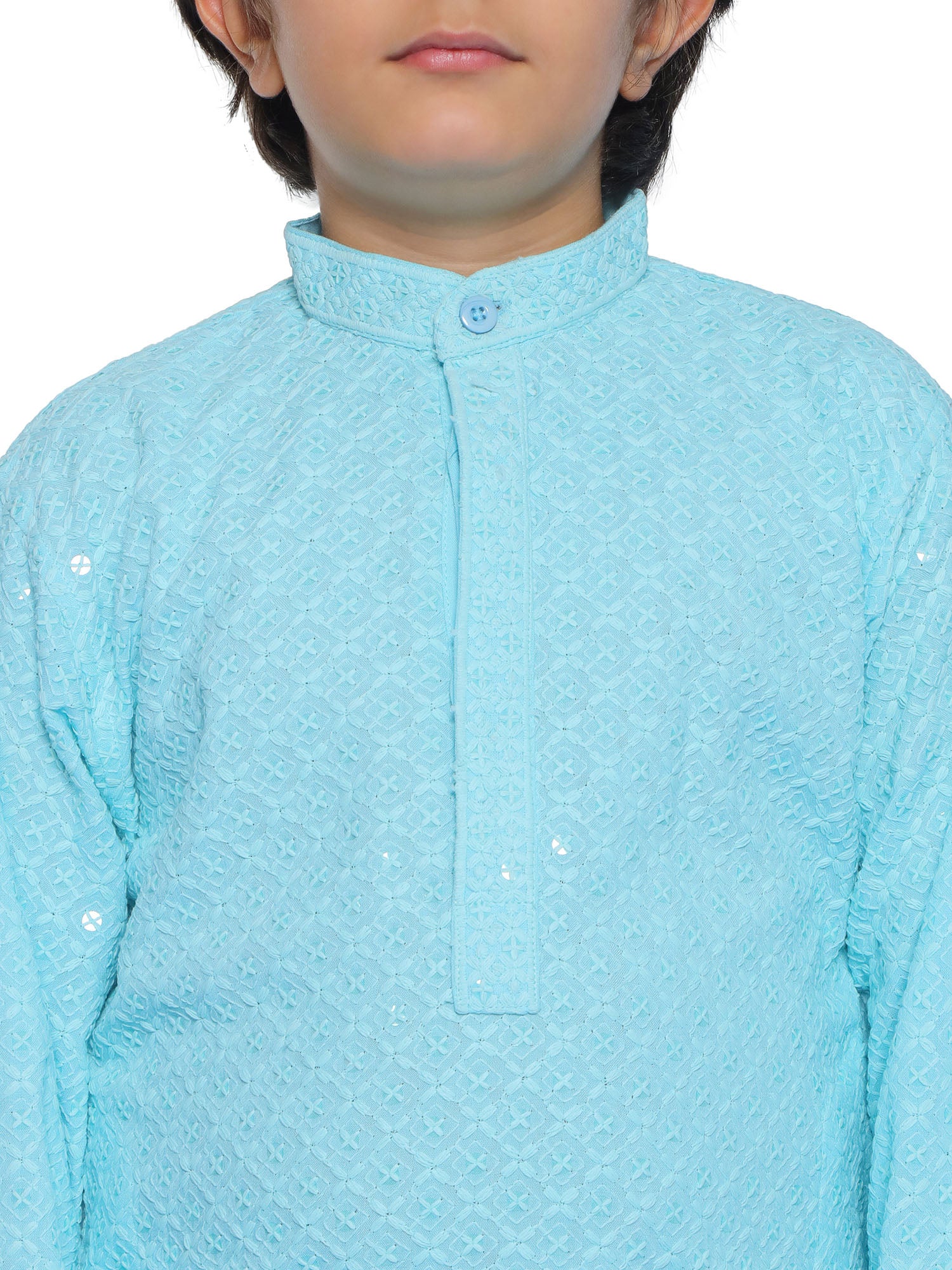 Sky Blue Schiffli Full Sleeves Embroidered Kurta Pyjama Set For Boys - AJ Dezines