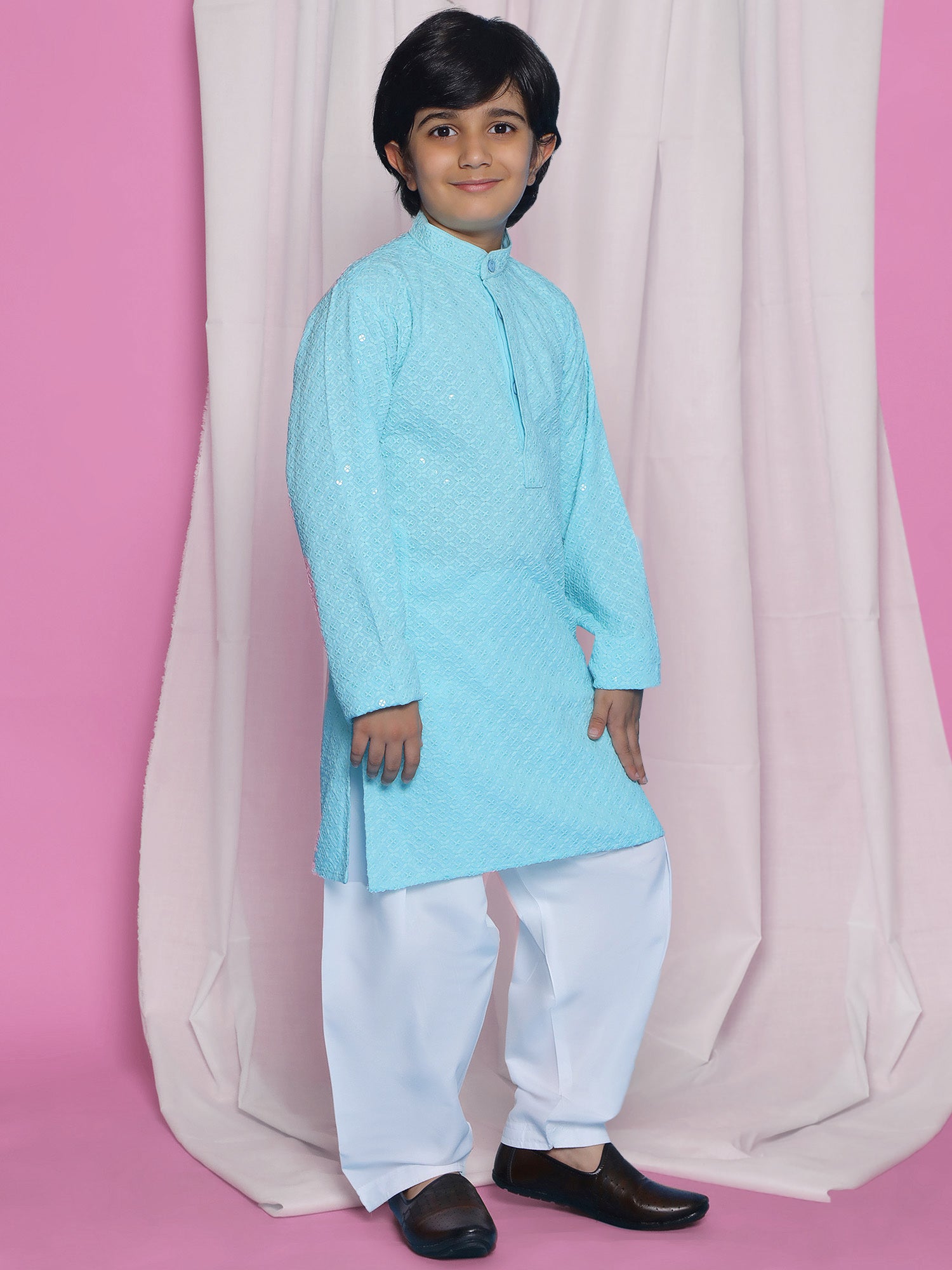 Sky Blue Schiffli Full Sleeves Embroidered Kurta Pyjama Set For Boys - AJ Dezines