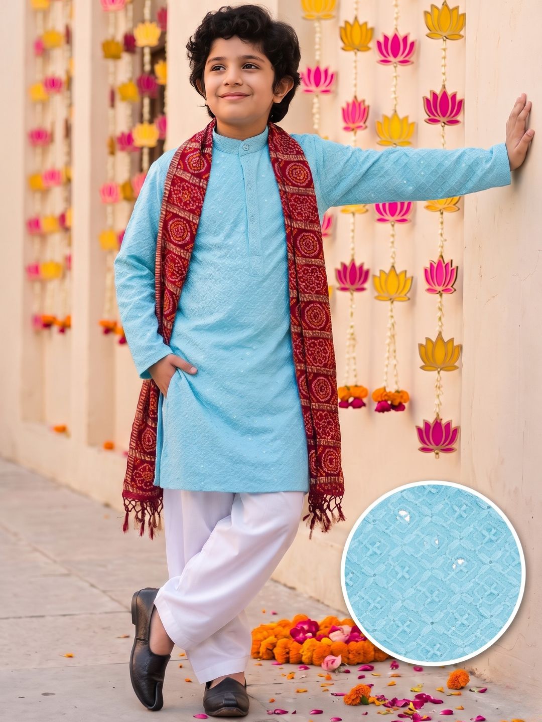Sky Blue Sequence Embroidery Cotton Blend Kurta Pyjama With Red Dupatta Set For Boys