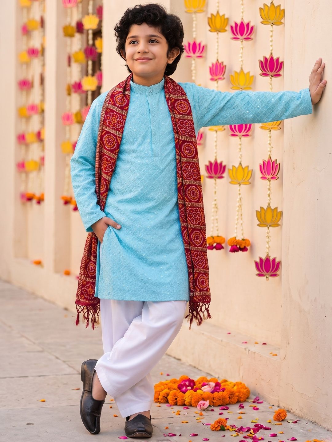 Sky Blue Sequence Embroidery Cotton Blend Kurta Pyjama With Red Dupatta Set For Boys