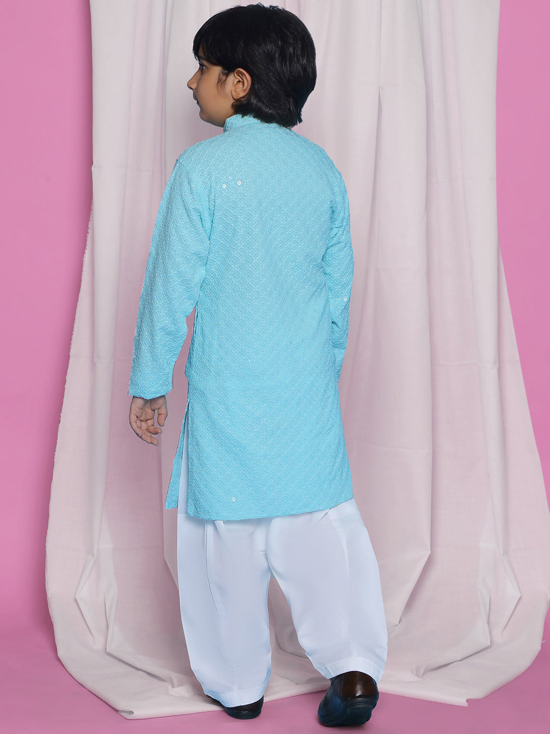 Sky Blue Sequence Embroidery Cotton Blend Kurta Pyjama With Red Dupatta Set For Boys