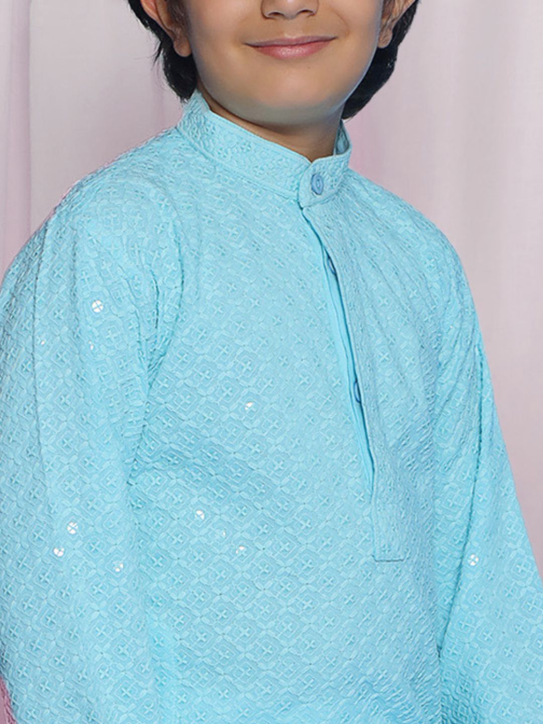 Sky Blue Sequence Embroidery Cotton Blend Kurta Pyjama With Red Dupatta Set For Boys