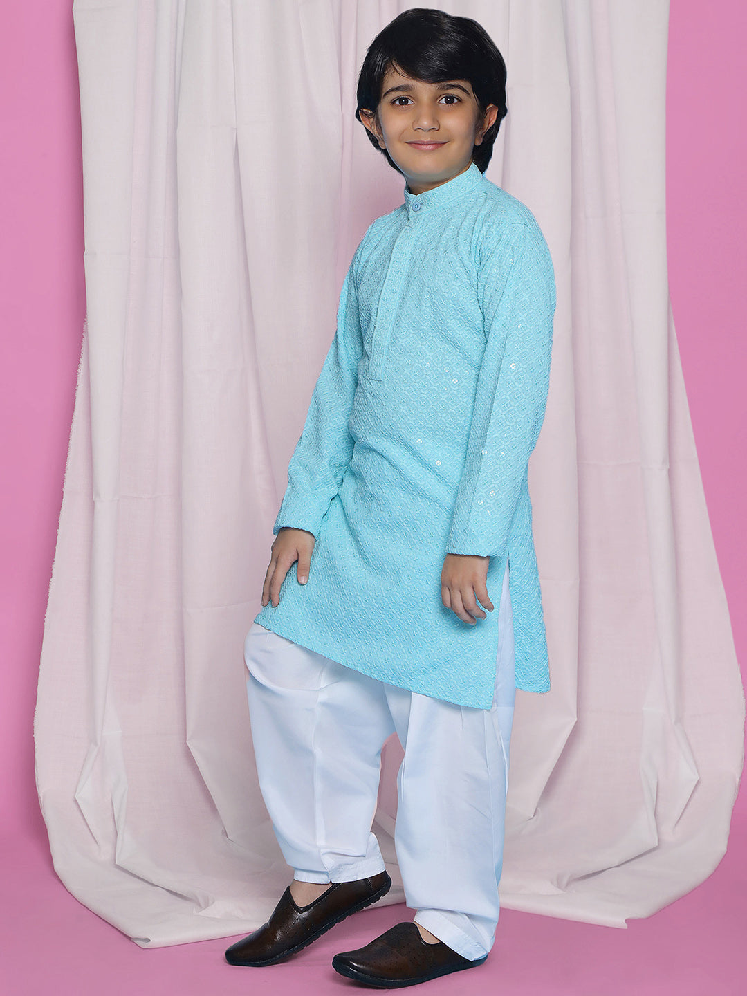 Sky Blue Sequence Embroidery Cotton Blend Kurta Pyjama With Red Dupatta Set For Boys