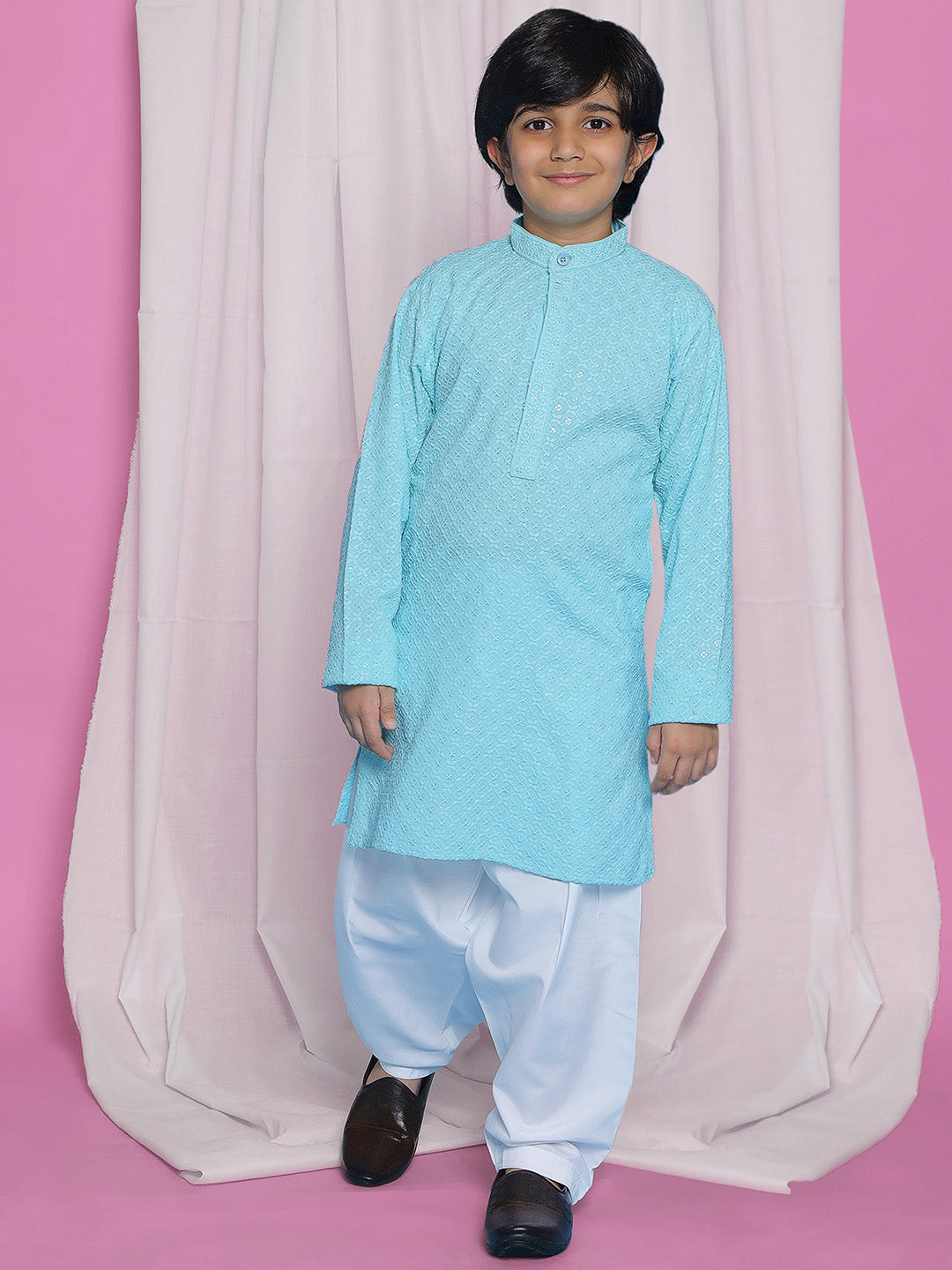 Sky Blue Sequence Embroidery Cotton Blend Kurta Pyjama With Red Dupatta Set For Boys