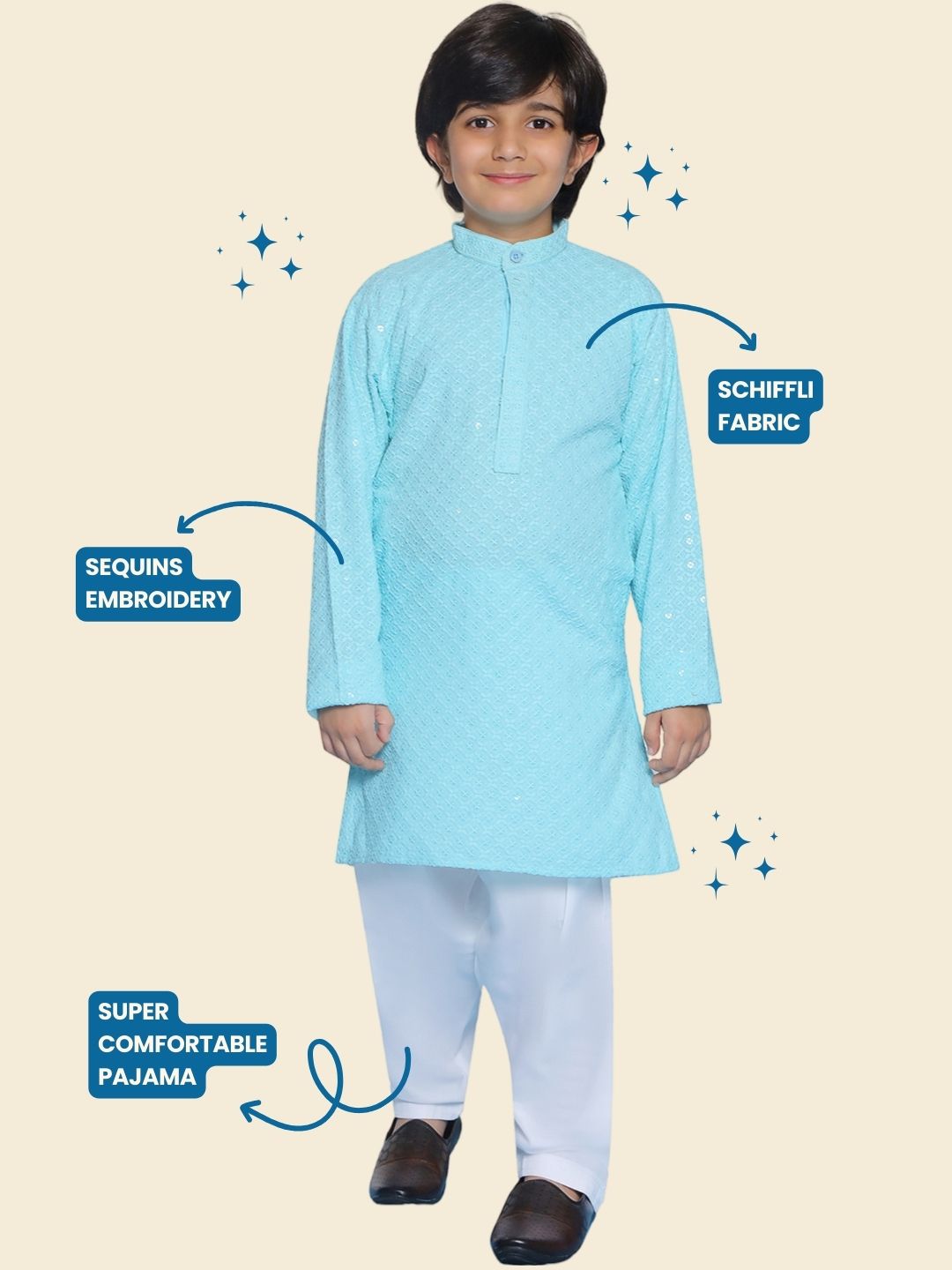 SKY BLUE Schiffli Full sleeves Embroidered Kurta Pyjama Set for Boys