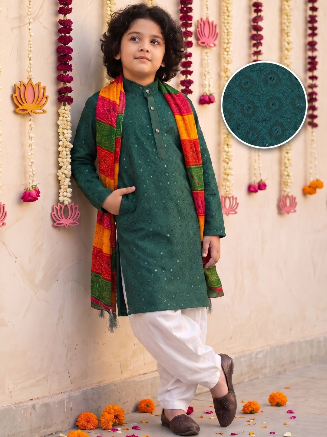 Teal Green Sequence Embroidery Cotton Blend Kurta Pyjama With Multicolor Dupatta Set For Boys