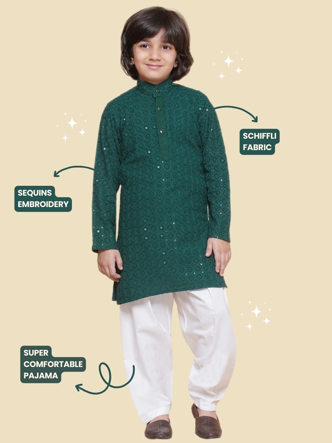 Kids Boys Teal Green Embroidered Cotton Kurta Pyjama Set