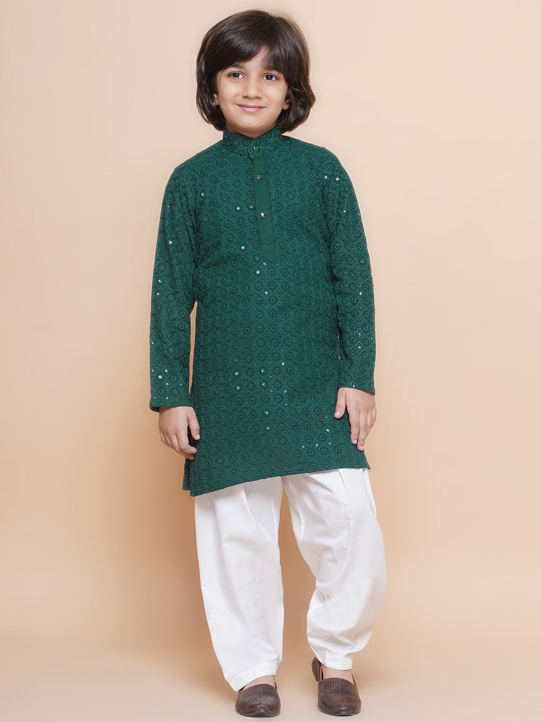 Kids Boys Teal Green Embroidered Cotton Kurta Pyjama Set