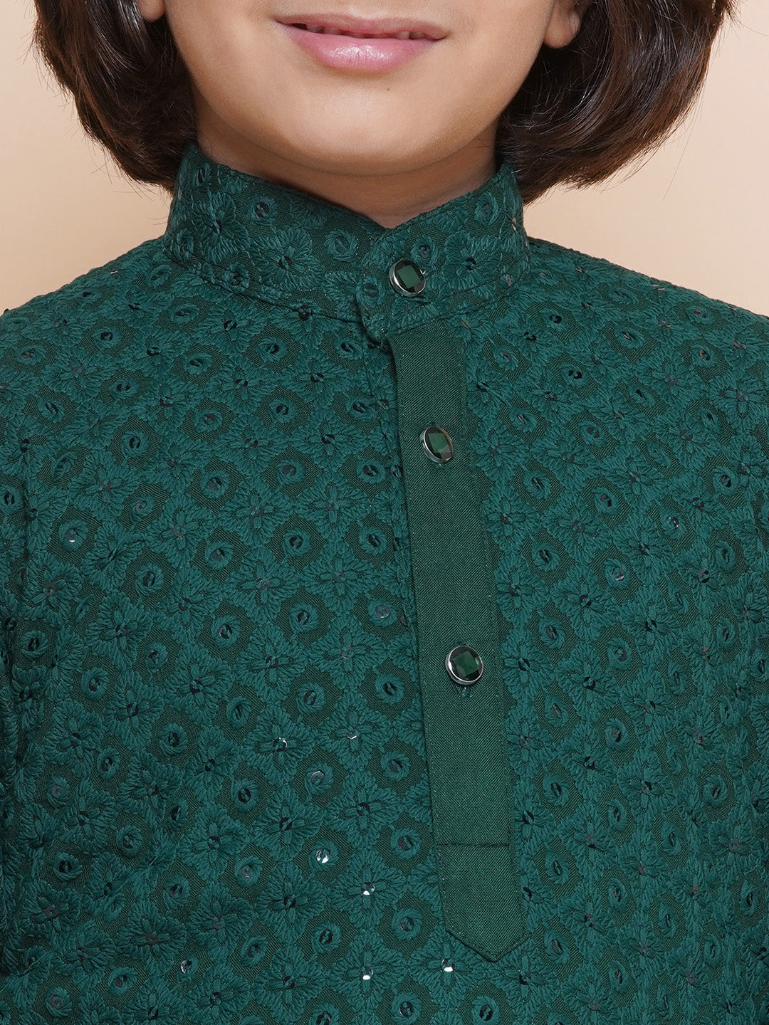 Kids Boys Teal Green Embroidered Cotton Kurta Pyjama Set