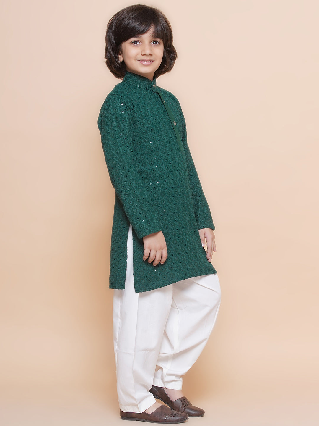 Kids Boys Teal Green Embroidered Cotton Kurta Pyjama Set