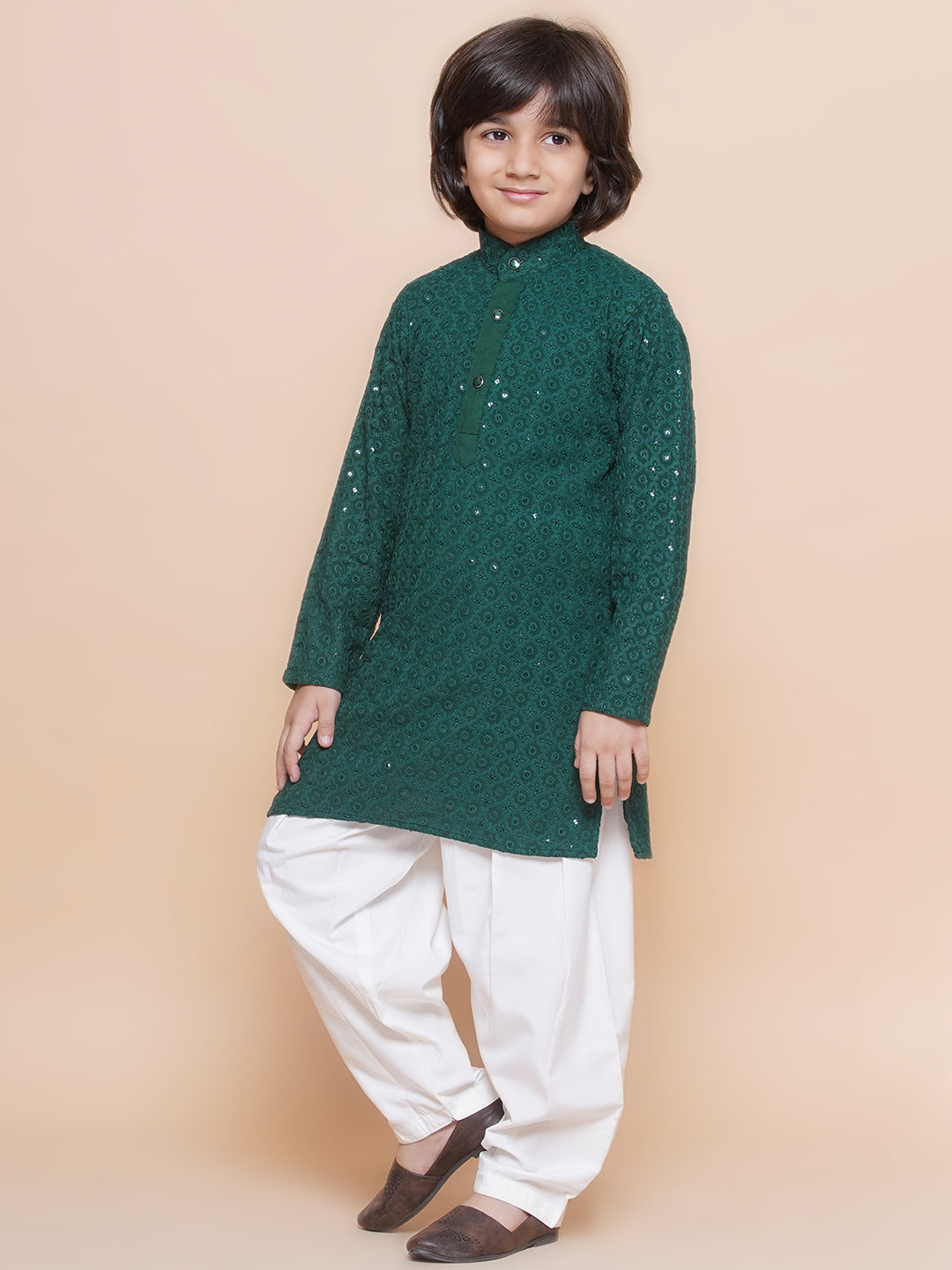Kids Boys Teal Green Embroidered Cotton Kurta Pyjama Set