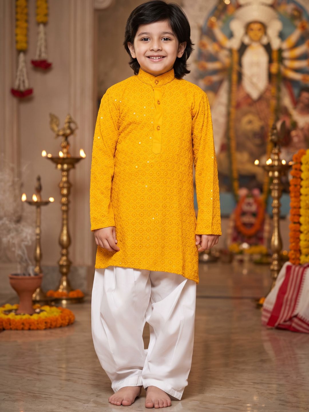Kids Boys Yellow Embroidered Schiffli Kurta Pyjama Set