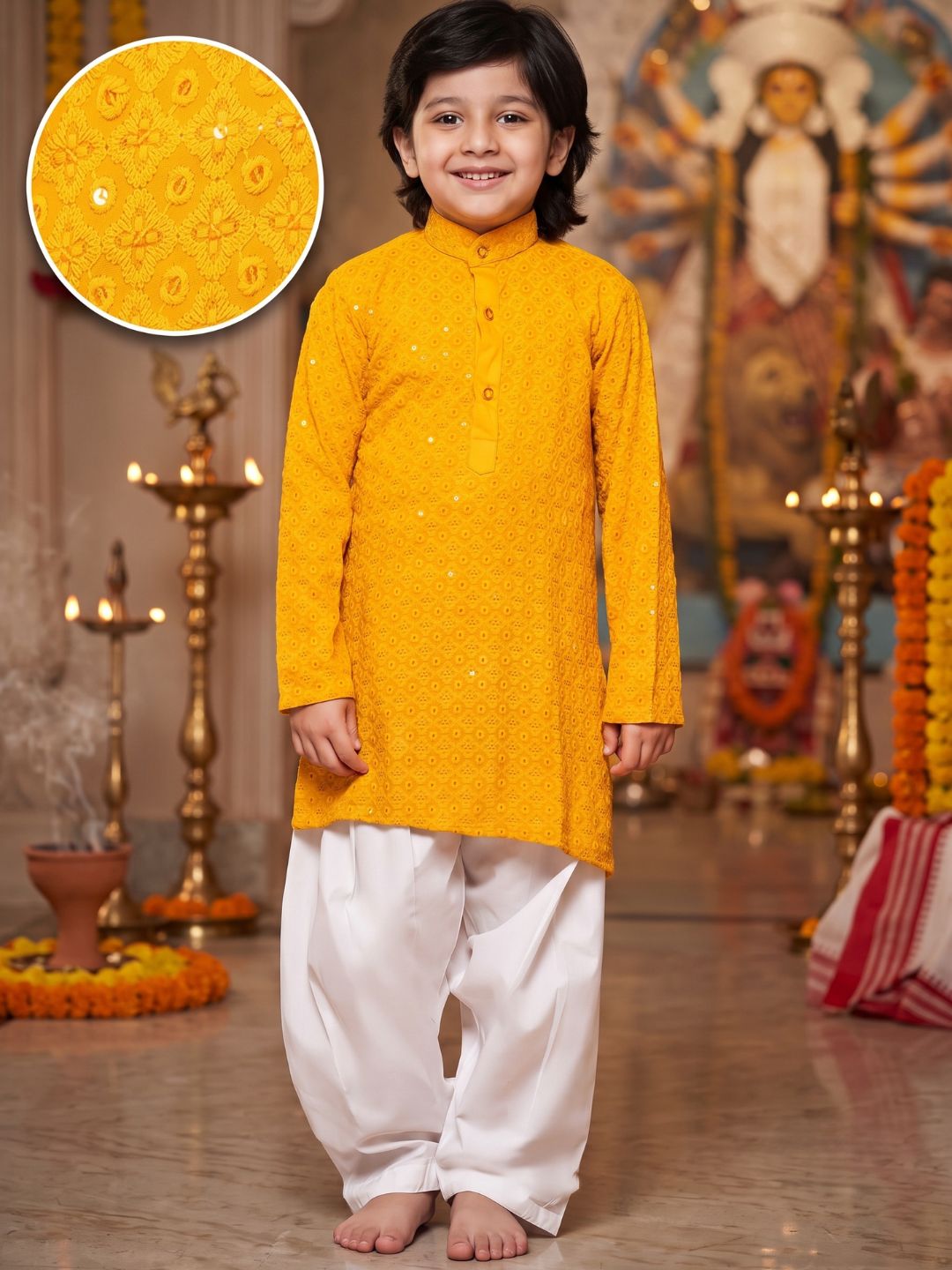 Kids Boys Yellow Embroidered Schiffli Kurta Pyjama Set