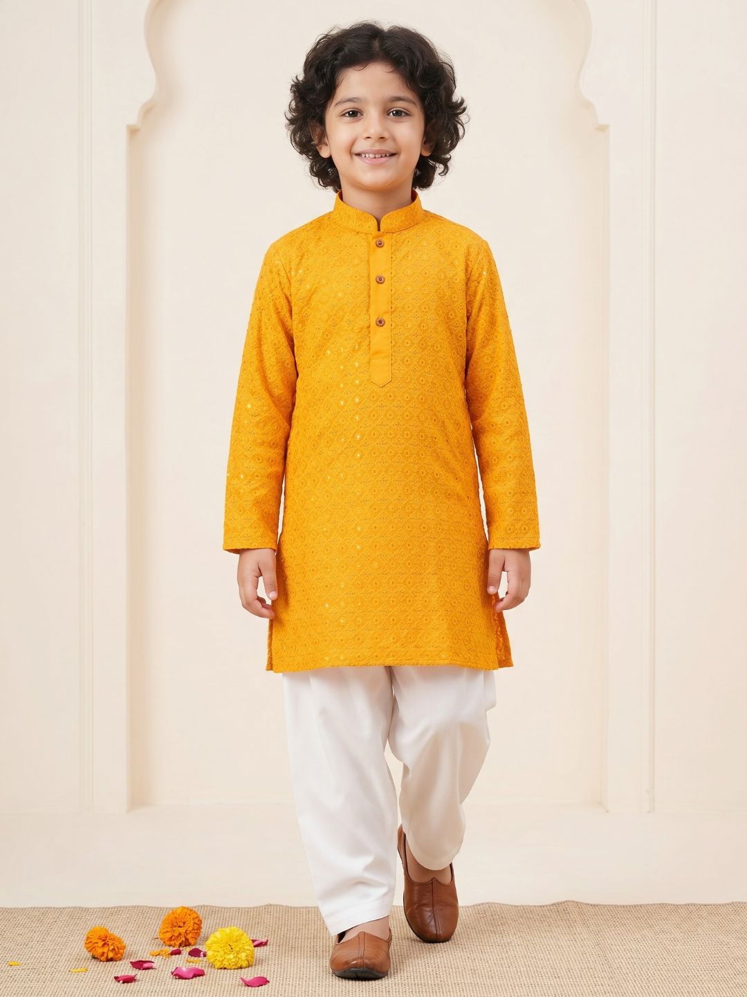 Kids Boys Yellow Embroidered Schiffli Kurta Pyjama Set - AJ Dezines