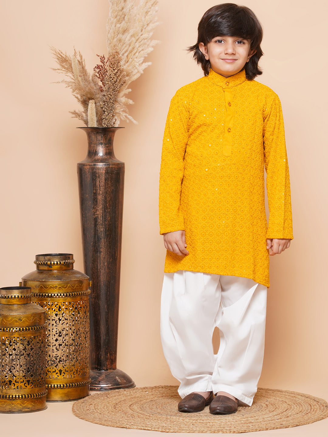 Kids Boys Yellow Embroidered Schiffli Kurta Pyjama Set - AJ Dezines