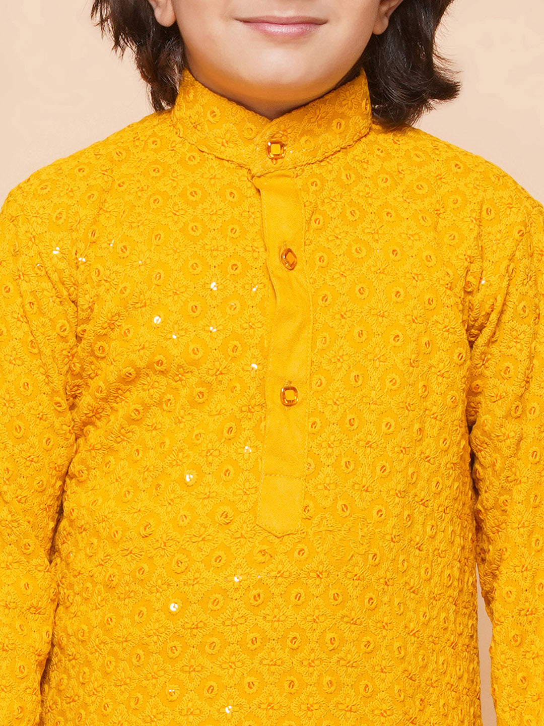 Kids Boys Yellow Embroidered Schiffli Kurta Pyjama Set - AJ Dezines