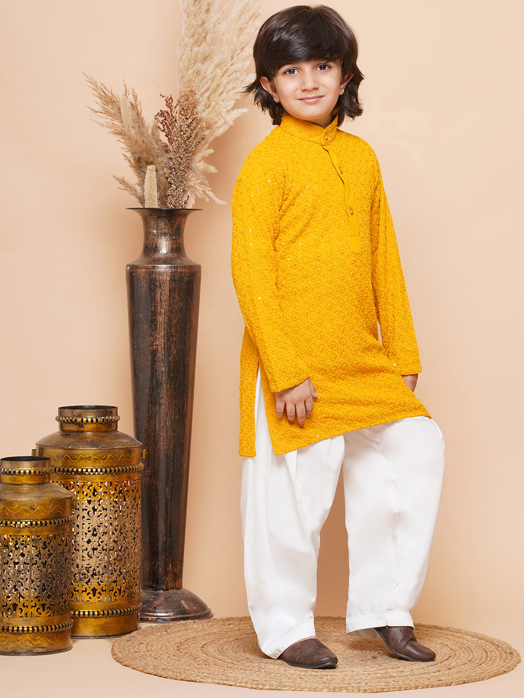 Kids Boys Yellow Embroidered Schiffli Kurta Pyjama Set - AJ Dezines