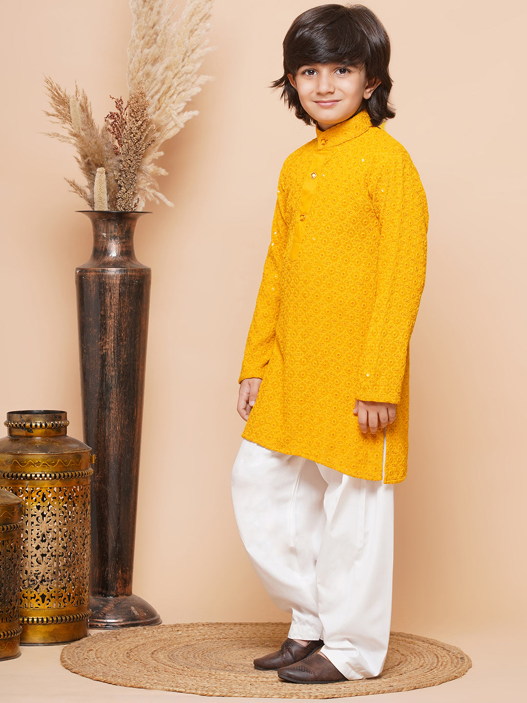 Kids Boys Yellow Embroidered Schiffli Kurta Pyjama Set - AJ Dezines