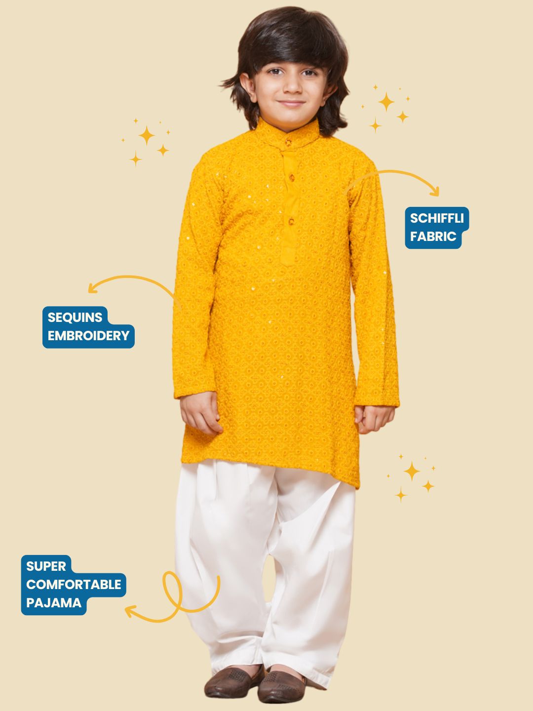 Kids Boys Yellow Embroidered Schiffli Kurta Pyjama Set - AJ Dezines