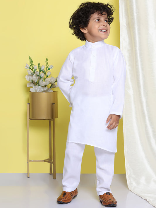 Boys White Cotton Solid Mandarin Collar Kurta Pyjama Set